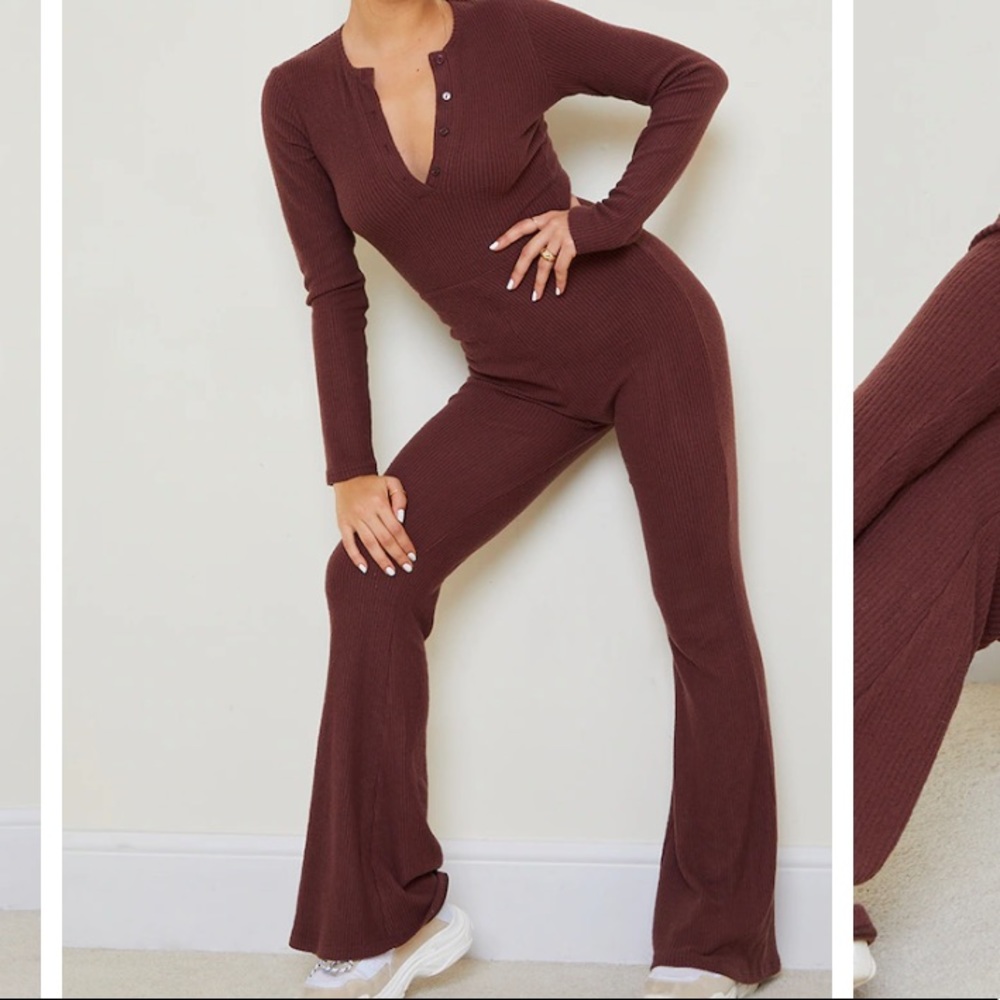 PLT Chocolate Button Front Long Sleeve Jumpsuit